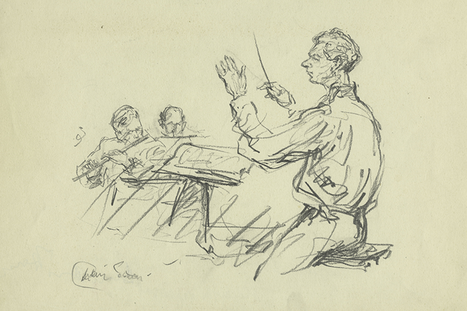 A sketch of a man in historical dress, conducting, with a man, performing the flute and looking a this music sheets.